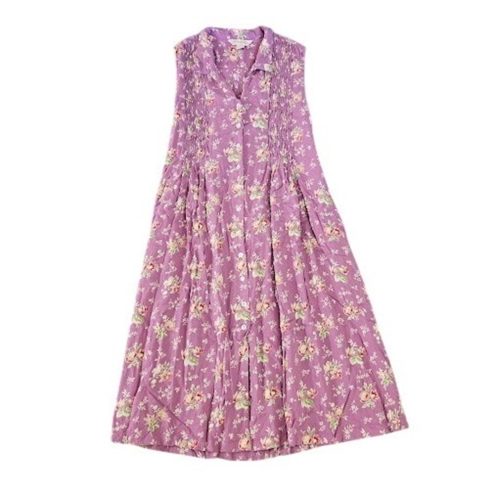 April Cornell Midi Dress Small Purple Floral Pintuck Cottagecore Button Front